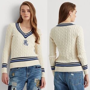 RALPH LAUREN | Preppy Logo Cricket Sweater in Mascarpone Cream/Navy | Size L